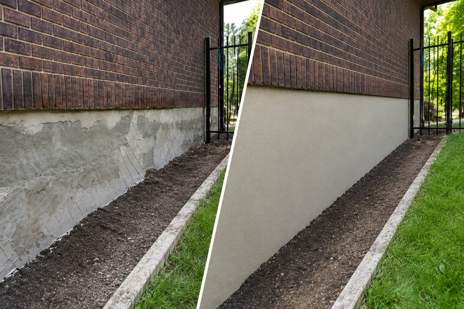 Before and after foundation repair and parging